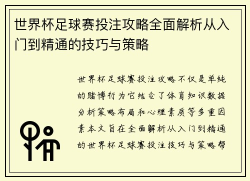 世界杯足球赛投注攻略全面解析从入门到精通的技巧与策略